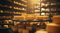 Dairy factory yellow traditional agriculture production cheese milk food shelves storage farm