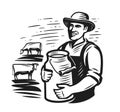 Happy farmer man standing with milk can, near grazing cows in meadow. Dairy farm emblem or logo. Vector illustration