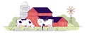 Dairy farm flat vector illustration. Cows grazing on pasture near red barns cartoon design element with outline. Village