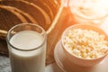 Dairy farm food: curd cheese and cream in bowls, milk and fresh bread, sunlight effect, selective focus Royalty Free Stock Photo