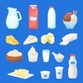 Dairy farm fresh products set. Vector cartoon healthy food illustration. Milk, cottage cheese, yogurt, butter icons