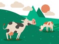 Dairy farm and a herd of cows on a beautiful summer landscape. Cow eating grass. Vector illustration. Domestic animal Royalty Free Stock Photo