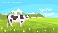 Dairy Farm Landing Page Templte with Summer Rural Landscape and Cow, Fresh Healthy Eco Agricultural Products Website Royalty Free Stock Photo