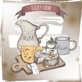 Dairy farm template with cheese plate, milk pitcher and cup.