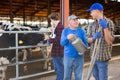 Dairy farmers having conversation in cowshed Royalty Free Stock Photo