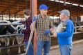 Dairy farmers having conversation in cowshed Royalty Free Stock Photo