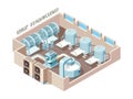 Dairy food factory. Automation industrial milk production bottling equip lines vector isometric factory interior