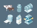 Dairy food. Milk farm products production ice cream cheese yogurt vector isometric set