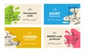 Dairy food poster. Hand drawn milk products label. Organic meal package design with engraving sketch of butter cheese