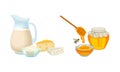 Dairy Foodstuff with Milk and Cheese and Honey in Bowl with Dipper Vector Set