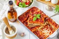 Dairy-free lasagna with firm tofu and mushrooms Royalty Free Stock Photo