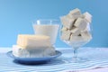 Dairy free products, with soy milk, tofu, soy cheese, and goats cheese Royalty Free Stock Photo