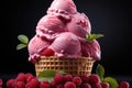 Dairy free raspberry sorbet in a waffle cone