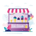Dairy fresh ice cream booth. Shop with awning. Local store, food kiosk. Opening of a new shop selling various ice cream