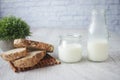 dairy fresh milk and brown bread on table Royalty Free Stock Photo