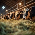 Dairy industry cows at cowshed, hay feeding in full swing