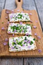 Dairy and lactose-free vegan cream cheese spread made from cashew and macadamia nuts on crackers with fresh chopped chives and ed