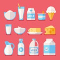 Dairy, milk, yogurt, cream, cheese products flat vector icons set