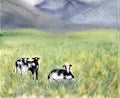 Dairy Pasturing Holstein Friesian black and white cows in a grassy field. Summer Rural scene. Alpine background. Watercolor