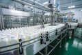 A dairy plant showcasing a production line filled with numerous bottles of milk