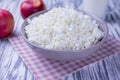 dairy product cottage cheese in a plate with a glass of milk and apples Royalty Free Stock Photo