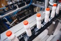 Dairy production, bottle of yoghurt on automated conveyor line, process of milk filling and packaging