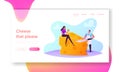 Dairy Production Landing Page Template. Tiny Gourmet Female Character Sitting on Huge Piece of Fresh Yellow Cheese