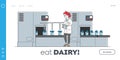 Dairy Production Quality Control on Plant Landing Page Template. Factory Worker Character at Conveyor Belt with Milk