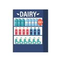 Dairy Production Stall With Different Packages On Refrigerator Shelves Isolated On White Background. Supermarket Grocery