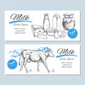 Dairy products banners, labels. Milk products and farm landscape with cow. Milk, curd, yogurt, cheese and other. Royalty Free Stock Photo