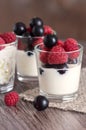 Dairy products with berries. Cheese and cream in a glass with raspberries and currants. Royalty Free Stock Photo