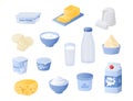 Dairy products. Cartoon bottles and glasses of milk. Cheese or butter. Jars of yogurt and cream. Fresh organic meal