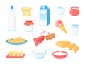 Dairy products. Cartoon milk in bottle, pack and glass, cheese yoghurt ice cream butter and creams, healthy breakfast