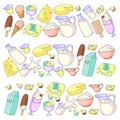 Dairy products. Doodle icons. Diet, breakfast. Milk, yogurt, cheese, ice cream, butter. Eat fresh healthy food and be