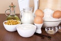 Dairy products, eggs, flour, sunflower oil, raisin Royalty Free Stock Photo