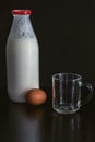Dairy products and an empty mug on a black background, close up, isolated