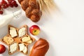 Dairy products, fruits, bread and wheat on white background. Happy Shavuot concept