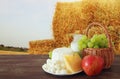 dairy products and fruits. Symbols of jewish holiday - Shavuot