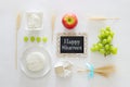 dairy products and fruits. Symbols of jewish holiday - Shavuot