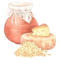 Dairy products. Grated cheese, piece and whole head, milk in a jar. Watercolor illustration. Isolated on a white
