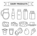 Dairy products icon set. Modern, line, outline style. Milk isolated on white background. and Cheese collection. Farm