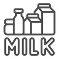 Dairy products and inscription milk line icon, dairy products concept, Paper bags and bottles with milk sign on white Royalty Free Stock Photo