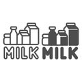 Dairy products and inscription milk line and solid icon, dairy products concept, Paper bags and bottles with milk sign Royalty Free Stock Photo