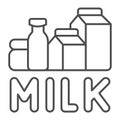 Dairy products and inscription milk thin line icon, dairy products concept, Paper bags and bottles with milk sign on Royalty Free Stock Photo