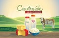 Dairy products and landscape with cow.