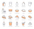 Dairy products line icon set. Jug, kefir, eggs, cow udder, cottage cheese, bottle, yogurt, cheddar minimal vector Royalty Free Stock Photo