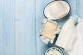 Dairy products. Milk, cheese, curd cheese and butter Royalty Free Stock Photo