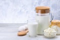 Dairy Products, Milk, Cottage Cheese, Eggs And Sour Cream On Wooden Table Royalty Free Stock Photo