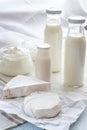 Dairy products. Milk in glass bottle, yogurt, sour milk cheese, sour cream in glass jar, camembert, brie on light wooden table