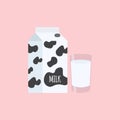 Dairy products: milk packing and a glass of milk on pink background. Vector illustration in cartoon flat style for your brand,